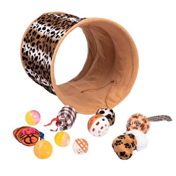 Katte tunnel med 10 stk legetøj, i leopard print