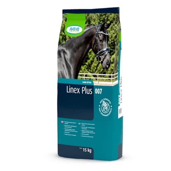 En blå/grøn sæk med hest på, indhold 15 kg tilskudsfoder til heste