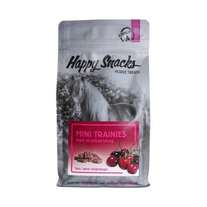En grå pose med Happy snacks hestebolcher, kirsebær