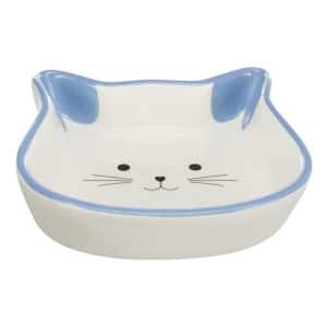 Hvid / lys blå keramikskål til katte, formet som et katteansigt