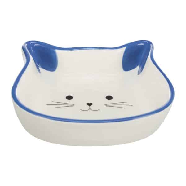 Hvid / mørk blå keramikskål til katte, formet som et katteansigt
