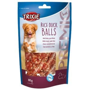 Blå Trixie pose med Rice Duck balls, hundegodbidder